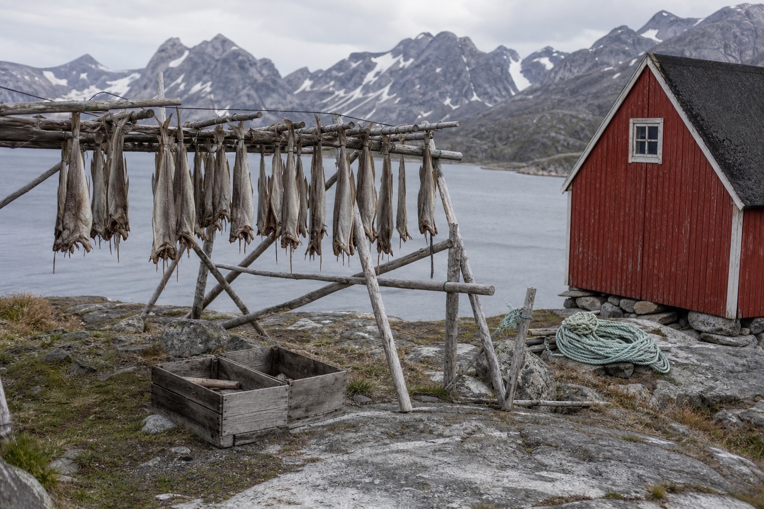 Grønlandske råvarer og kunsthåndværk på et bord
