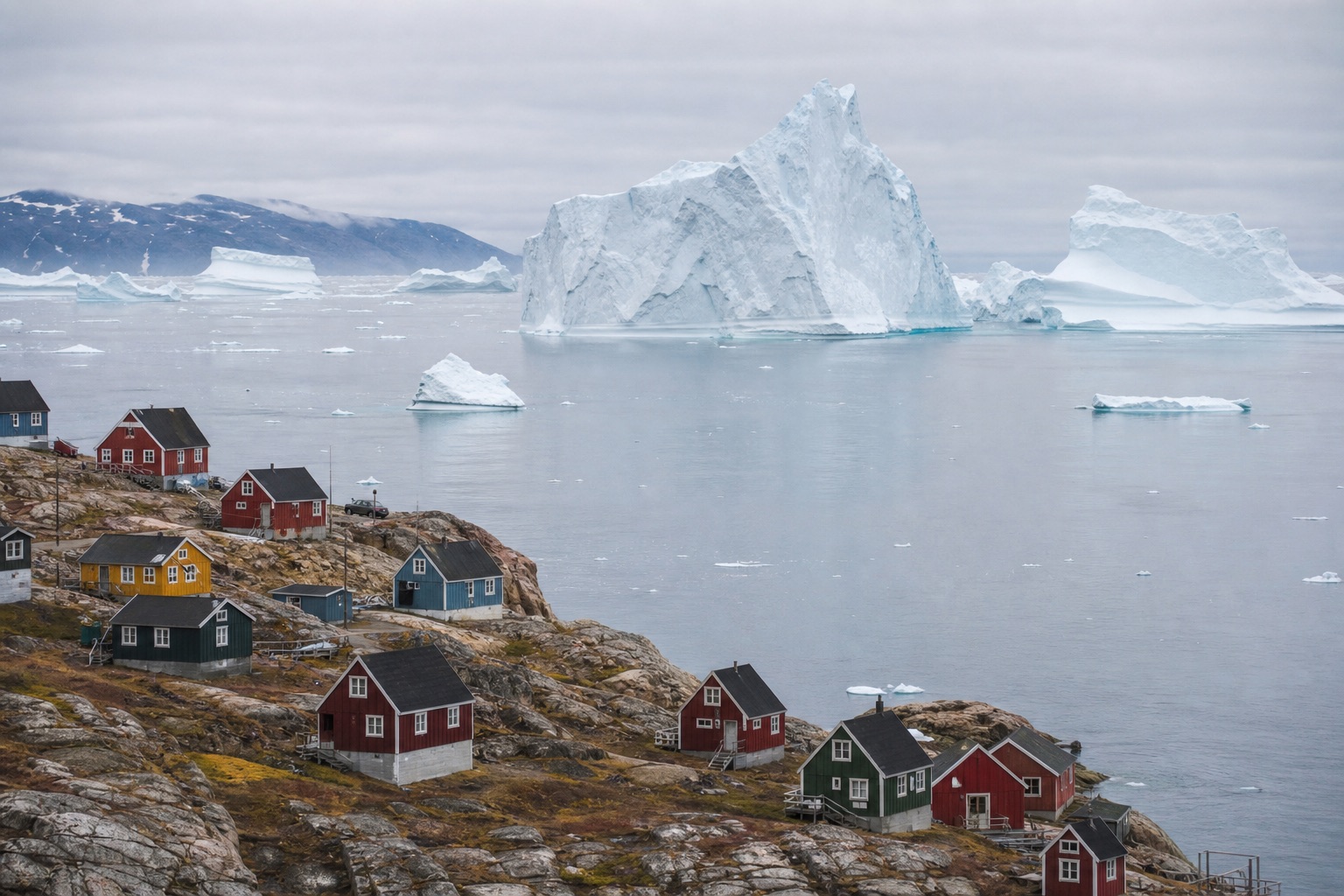Ilulissat ved Diskobugten med isbjerge ved Isfjordens munding