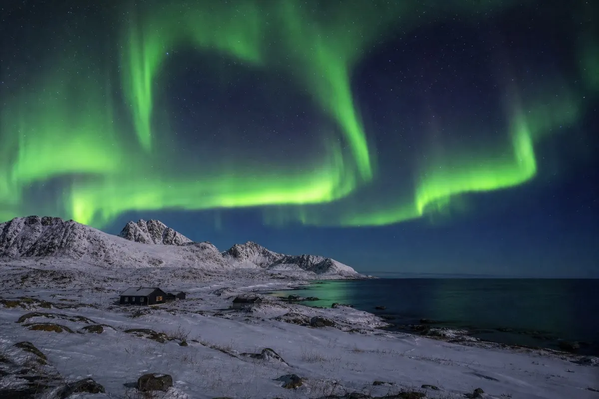 Northern lights over a Greenland settlement