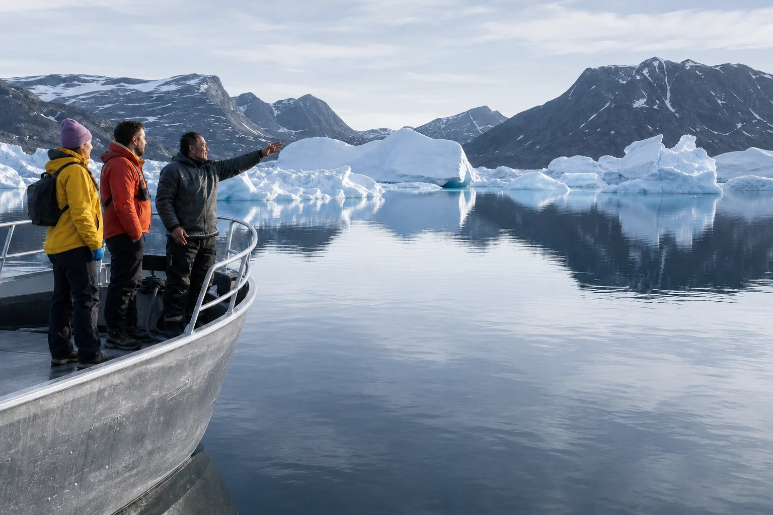 Local Greenlandic guide and guests from the operating crew, on deck in Disko Bay