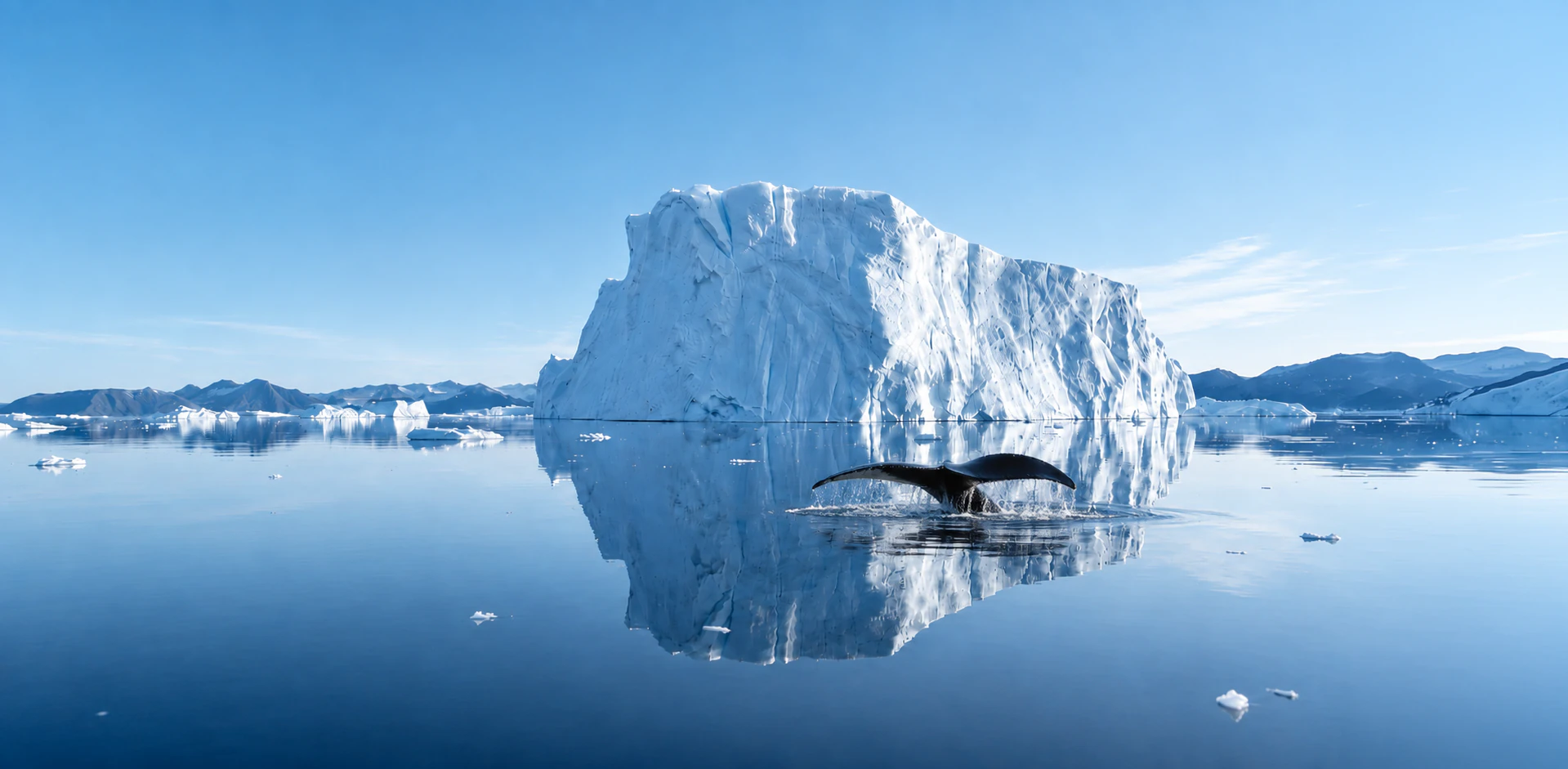 Humpback whale tail rising in front of drifting icebergs